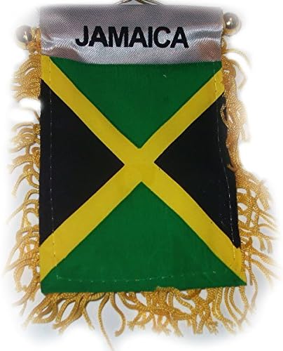 Cool &amp; Custom {4" x 6" String Hang} Single Unit of Rear View Mirror Hanging Ornament Decoration Made of String w/ Jamaica National Fringed Flag Design [Mazda Green, Black, Yellow &amp; White Colored]