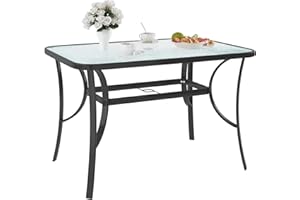 SogesPower Outdoor Tempered Glass Table Patio Dining Table with Umbrella Hole Steel Frame 47 Inch Black