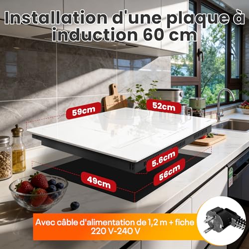 Karinear 4-Burner Induction Hob, Built-in Induction Hob, 60 cm with Socket, Flexible Zone, Boost, Pause, Safety Lock, 220 V, 16 A Socket