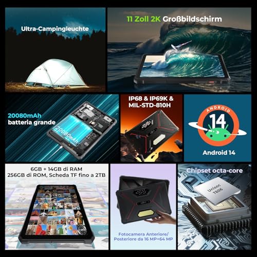 Hotwav R9 Pro Tablet Outdoor Android 14, 4G LTE/5G WiFi Construction Site Tablet | 20GB+256GB+2TB TF, Octa-Core, 11" 2K FHD+, 20080mAh 20W Fast Charge, 64MP+16MP, IP68/IP69K Waterproof, DualSIM/Face ID/OTG