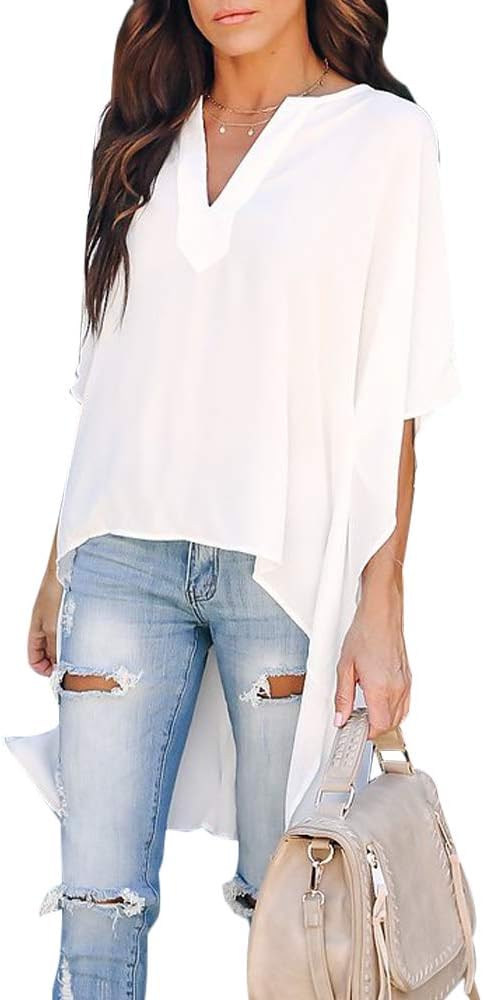 Women’s V Neck Casual High Low Hem Blouse, Batwing Sleeve Tops