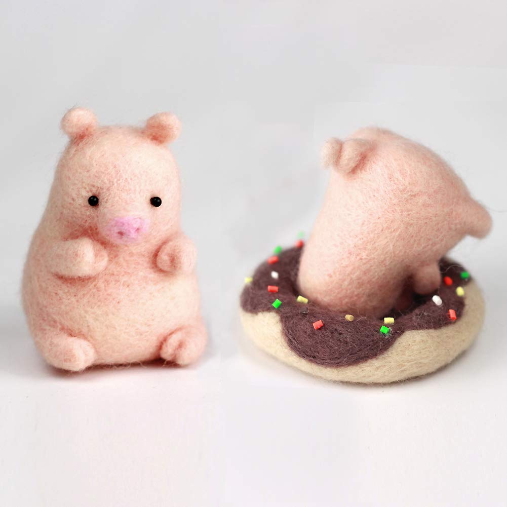 Feltsky Pig Love Donut Needle Felting Kits 70s (19um) Grade Merino Wool - Needles, Finger Guards, High-Density Foam Mat, Instructions