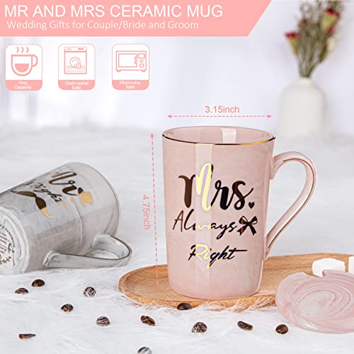 Mr Right and Mrs Always Right Couples Mug Sets for Wedding Gifts, Engagement Gifts, Bride to be, Bridal Shower, Bride and Groom, 14oz Ceramic Marble Cup with Gold Pattern, Microwave Dishwasher Safe