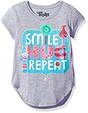 Trolls Girls' Big Girls' Smile Hug Repeat Short-Sleeved Long T-Shirt with Shirttail Hem, Heather Grey, M