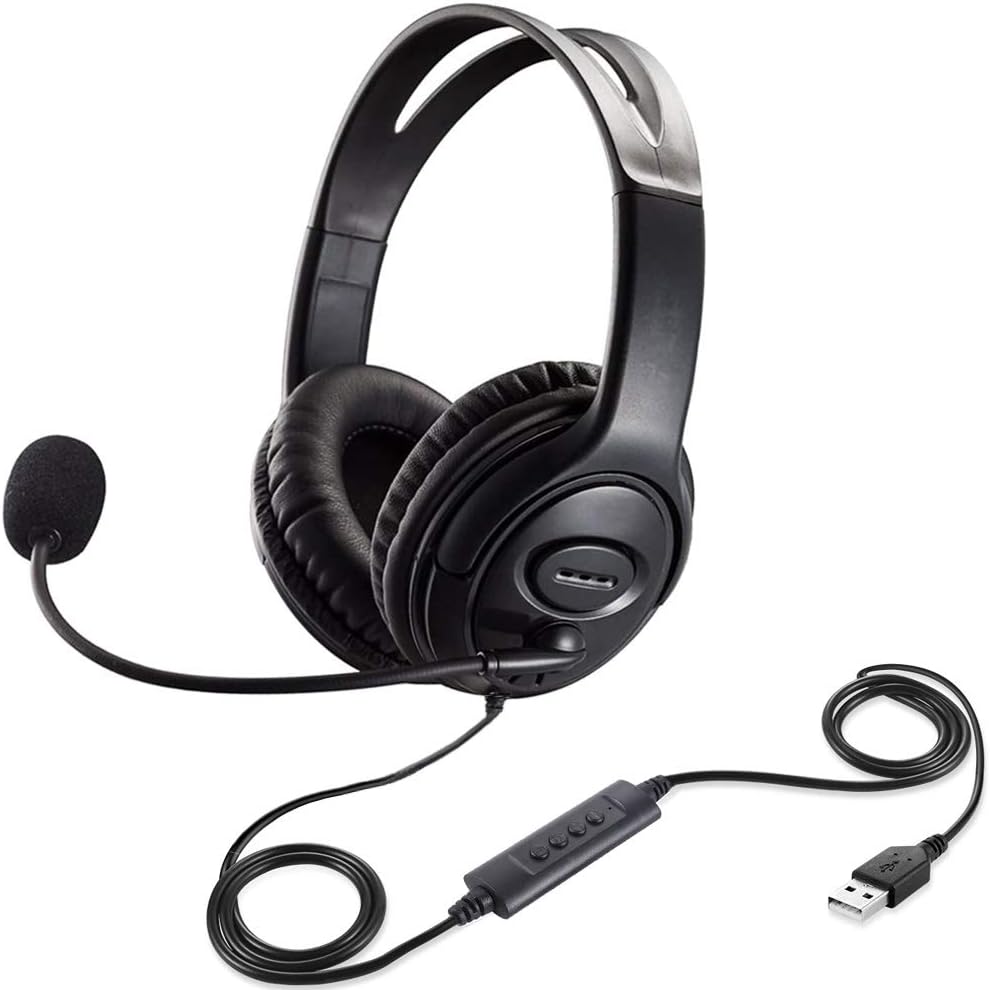USB Headset with Microphone Noise Cancelling & Audio Controls, USB Wired PC Headphone Super Light & Comfort for Business Conference Calls Softphone Conversation Online Teaching Skype etc