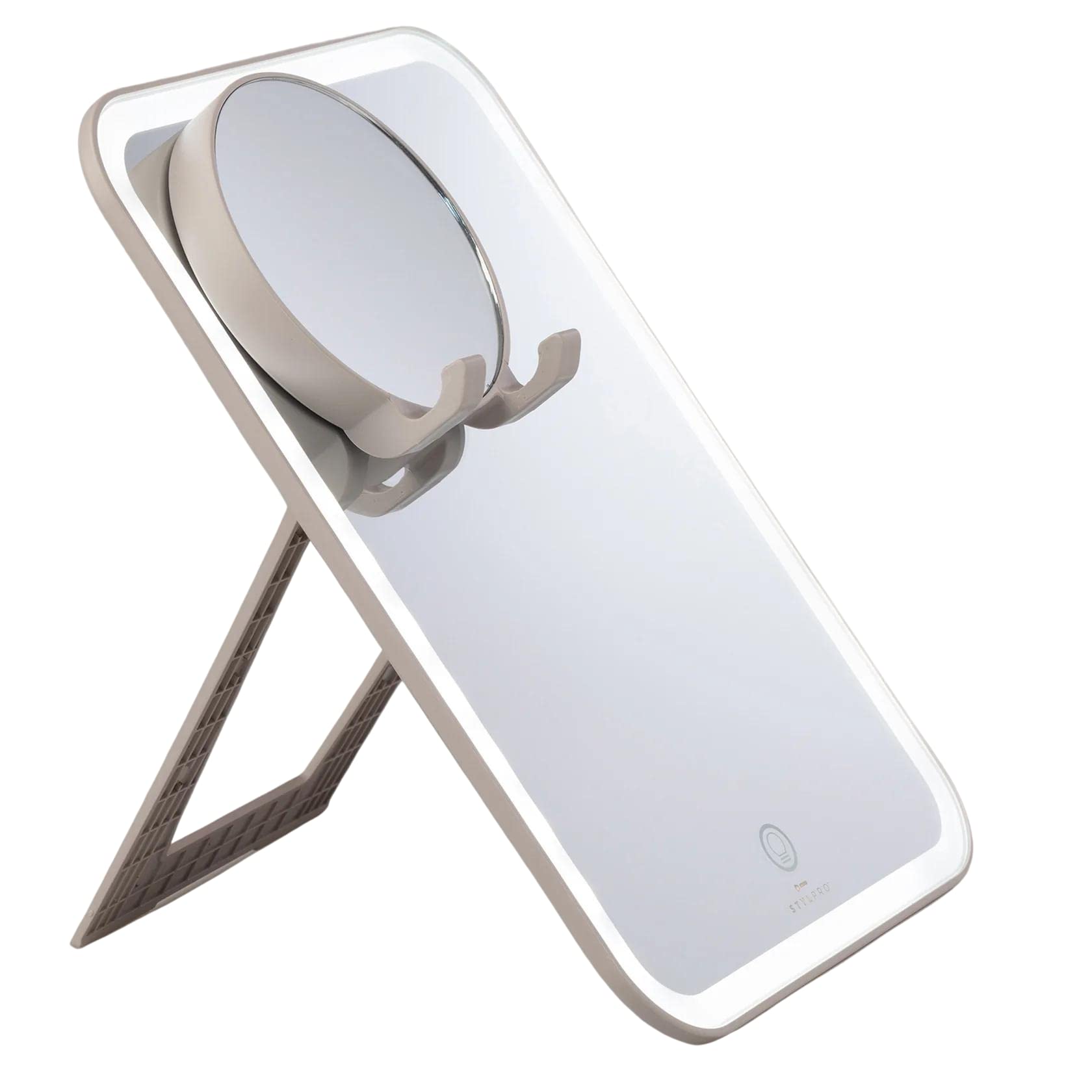 StylPro GLOW AND BEHOLD MIRROR with LED Lights | Magnetic 10x Magnifying Mirror | Touch Screen Button | Phone Holder | USB Charging | Adjustable Stand | Soft Luxury Travel Case | USB Charging Cable