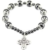 Rosary Bracelet Elastic Hematite Capped Beads Four Way Cross