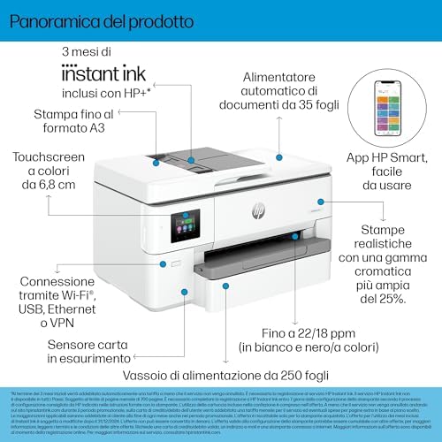 OfficeJet Pro 9720e 53N95B, Stampante Multifunzione per Grandi Formati, a Colori, Fronte e Retro Automatico, 22 ppm, Wi-Fi, Smart, 3 Mesi di Inchiostro Instant Ink Inclusi, Grigia