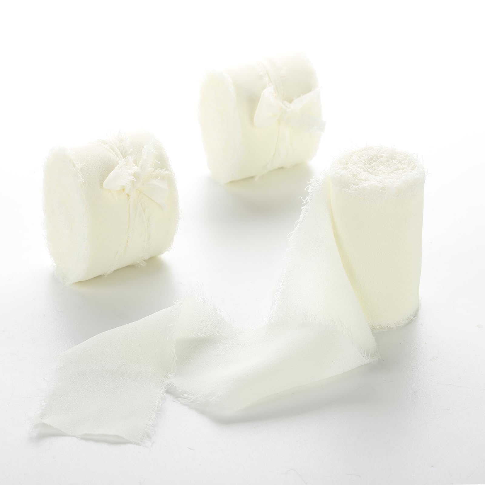 Ivory White Chiffon Ribbon 3 Rolls 1.5 inch X 5 Yard Cream White Handmade Fringe Silk Chiffon Ribbon Set for Gift Wrapping, Wedding Invitations, Bridal Flower Bouquets, DIY Crafts — image 1
