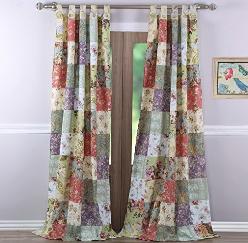 Country Cottage Floral Print Patchwork Pattern Yellow Blue Green Tab Top Window Treatment Curtains Panels Pair 84 Length Set of 2