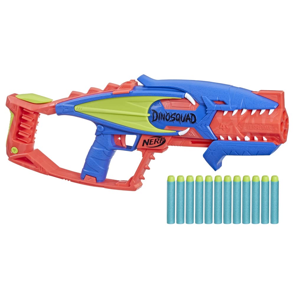 Nerf DinoSquad Terrodak, 12 Elite Darts, Dinosaur Design, 4 Dart Foam Blaster for Kids Outdoor Games