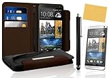 Tradekmk(TM) Wallet Style Stand Leather Case Cover with Strap for HTC One M7, with Free Screen Protector and Stylus