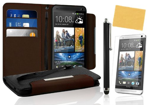 Tradekmk(TM) Wallet Style Stand Leather Case Cover with Strap for HTC One M7, with Free Screen Protector and Stylus
