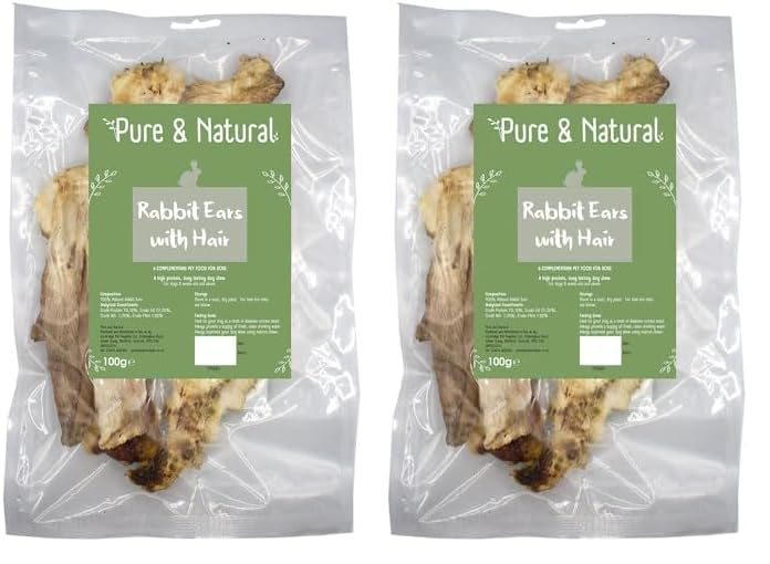 Pure & Natural Rabbit Ears with Fur for Dogs - Natural Dog Chews, High Protein, Low Fat, Hypoallergenic Dog Treats for All Ages - 100g Bag (Pack of 2)