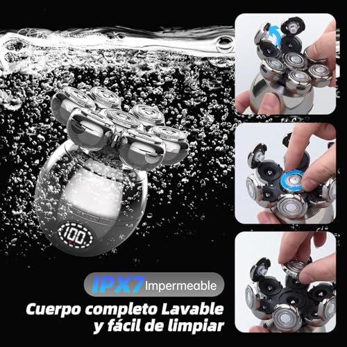 Men's Head Shaver, 5 in 1 Shaver Head with 7 Rotary Heads and LED Display, Men's Head Shaver in Dry and Wet to Water with Wireless Charging and Type C Charging Cable