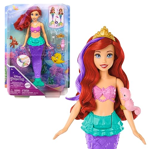 Mattel DISNEY Arielle - Meerjungfrauenpuppe mit Farbwechseleffekt, inklusive Seepferdchen-Freund, Diadem, Halskette und Dingelhopper für Unterwasserabenteuer, HPD43