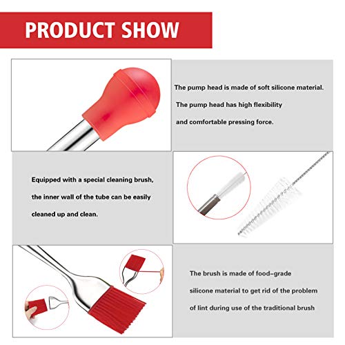 Turkey Baster Stainless Steel Spray Gun With Syringe,Baster for Cooking,5pcs Meat Injector Baster Syringe Needles -Cleaning Brush -Oil Stainless Steel Brushes (Red)