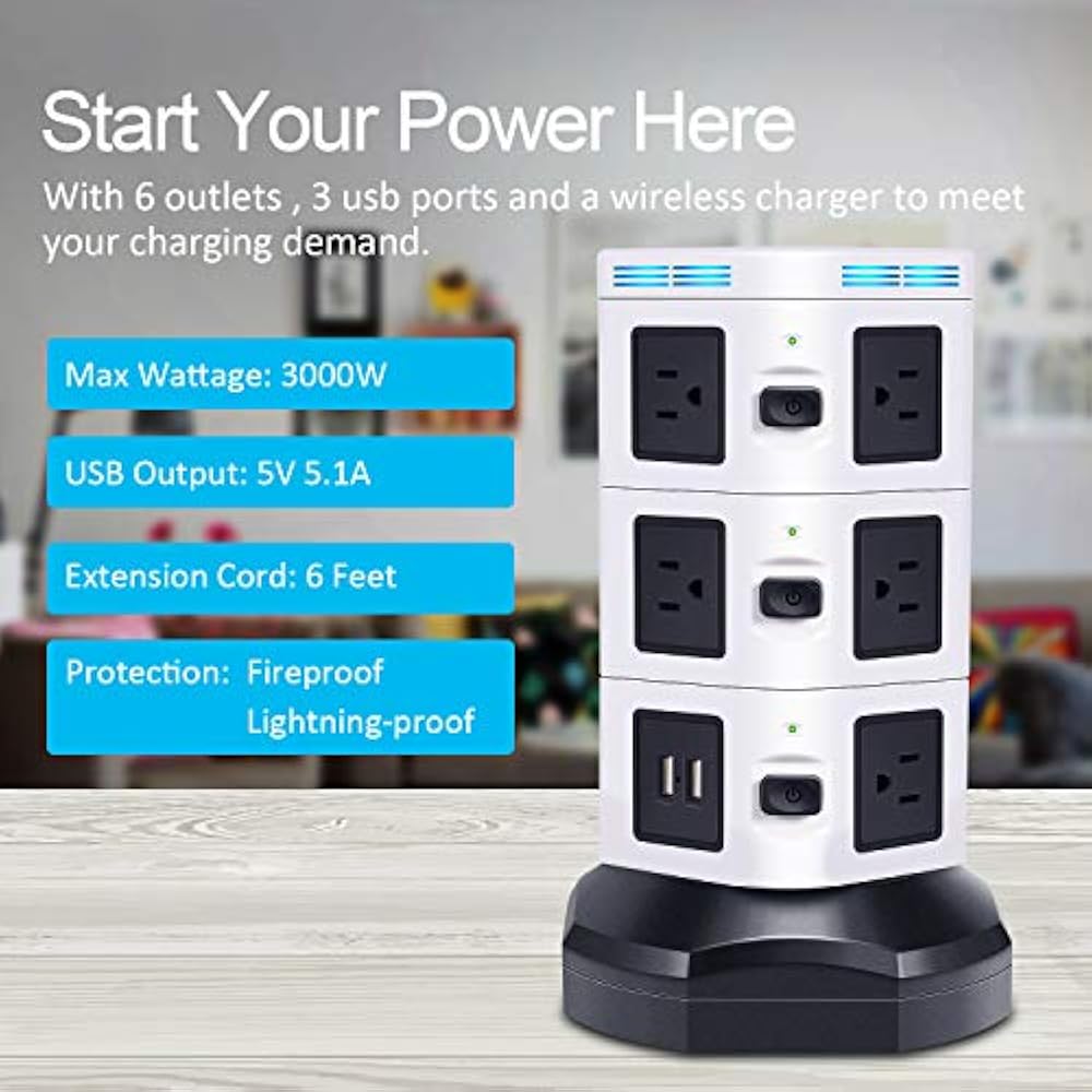 Power Strip Tower Surge Protector Fast Wireless Charger + 4 USB 5V/5A Ports 13A eBay