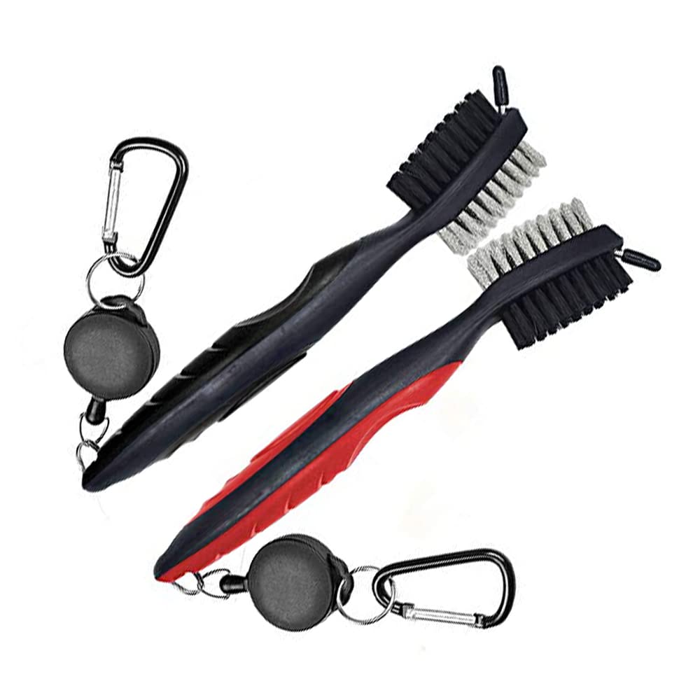 JIKEXINGMENG 2 Pack Golf Club Brushes Dual Bristle Design Multi Purpose Clean Grooves in Clubs Retractable Zip Line (2 ft) & Aluminum Carabiner A Must Have Golf Accessory for Perfect Review