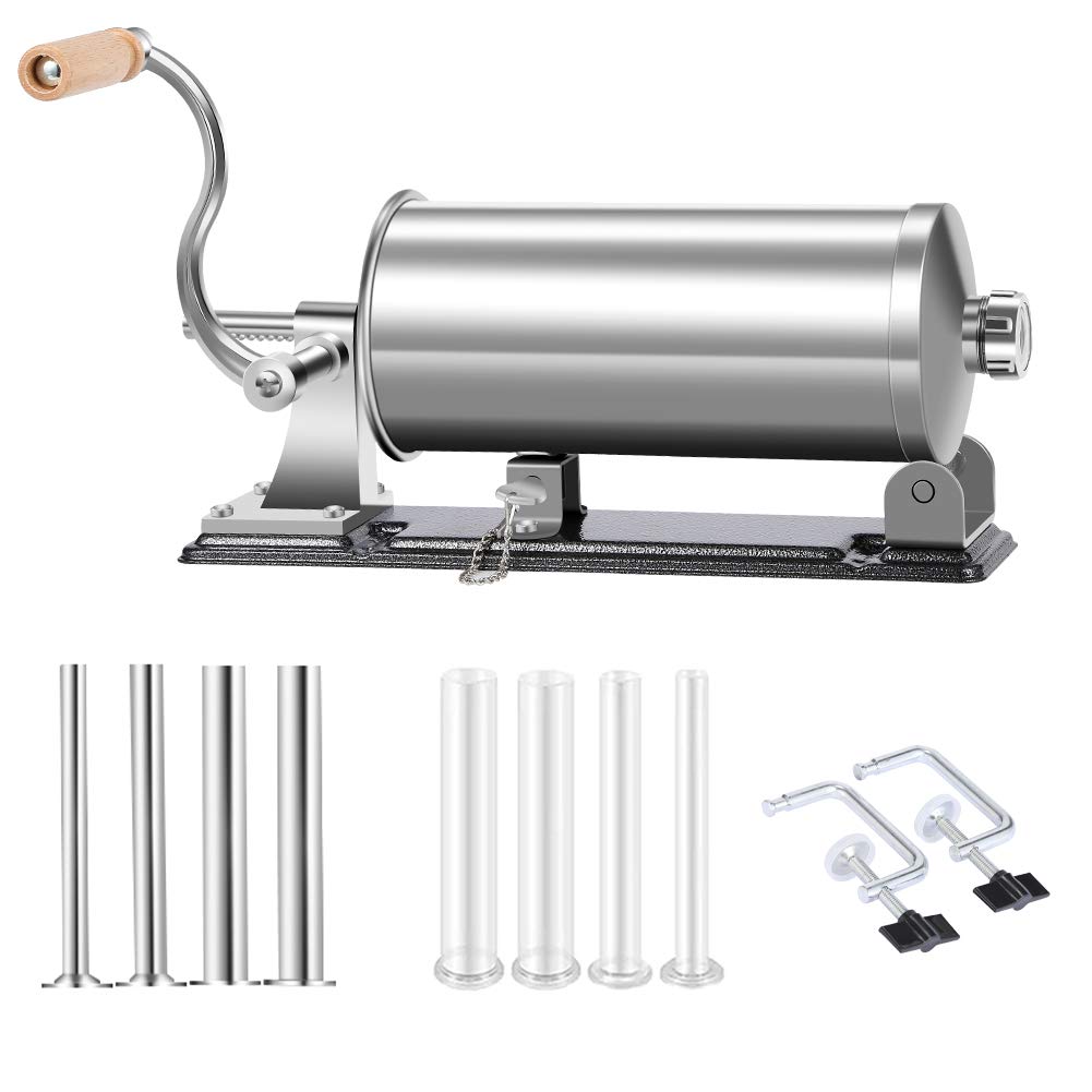 MASTER FENG Sausage Stuffer - Stainless Steel Homemade Sausage Maker Horizontal Meat Filling Kitchen Machine, Packed 8 Stuffing Tubes (6 LBS /3.5L Horizontal)