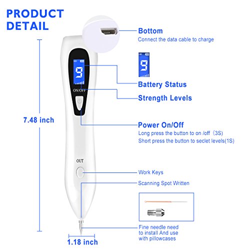 Mole Remover Pen, Skin Vanish Tag Removal Tool Kit with USB Rechargeable 9 Strength Levels, Portable Professional Beauty Spot Dot Device for Body Facial Freckle Nevus Warts AgeTattoo Blemish Men Women - Thumbnail 5