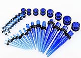 Fashion Jewelry Ear Taper Stretching Kit Plugs Blue Glitter Gauges Set (34pcs)