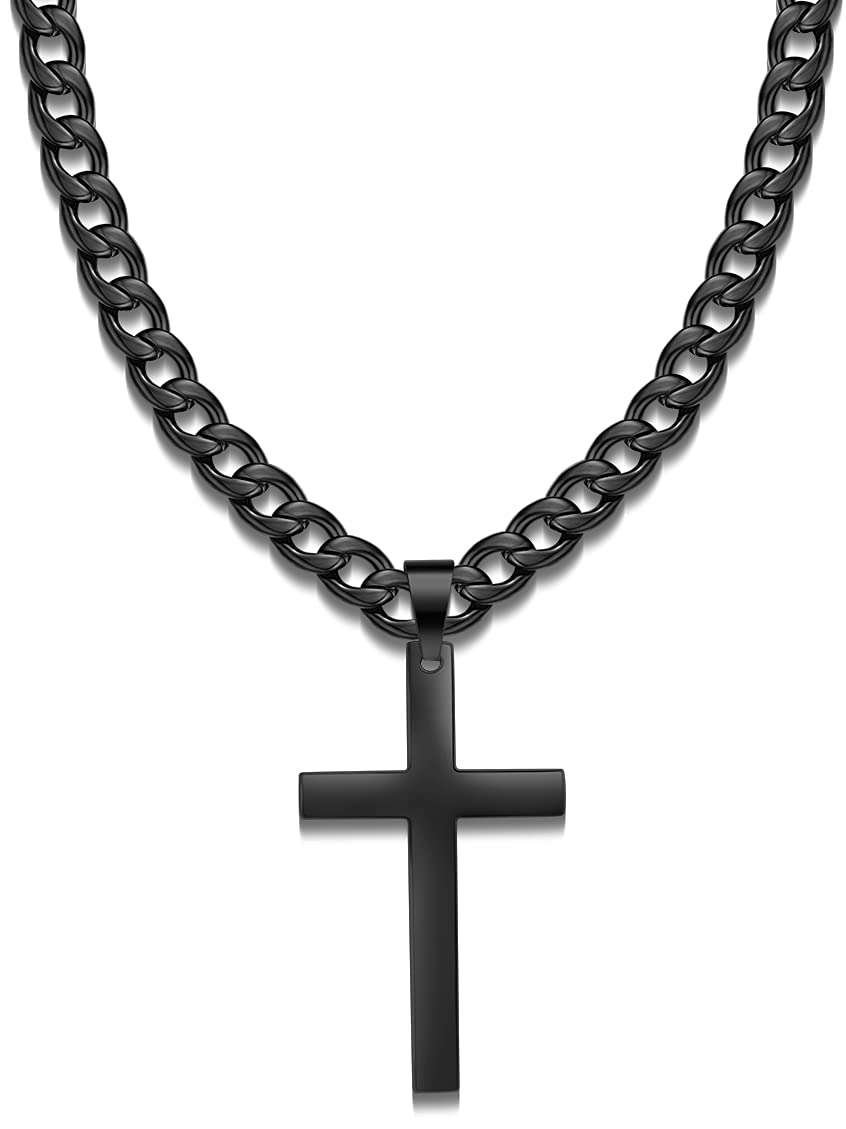 Jewow Stainless Steel Men's Cross Pendant Necklace with 7mm Wide Curb Cuban Chain