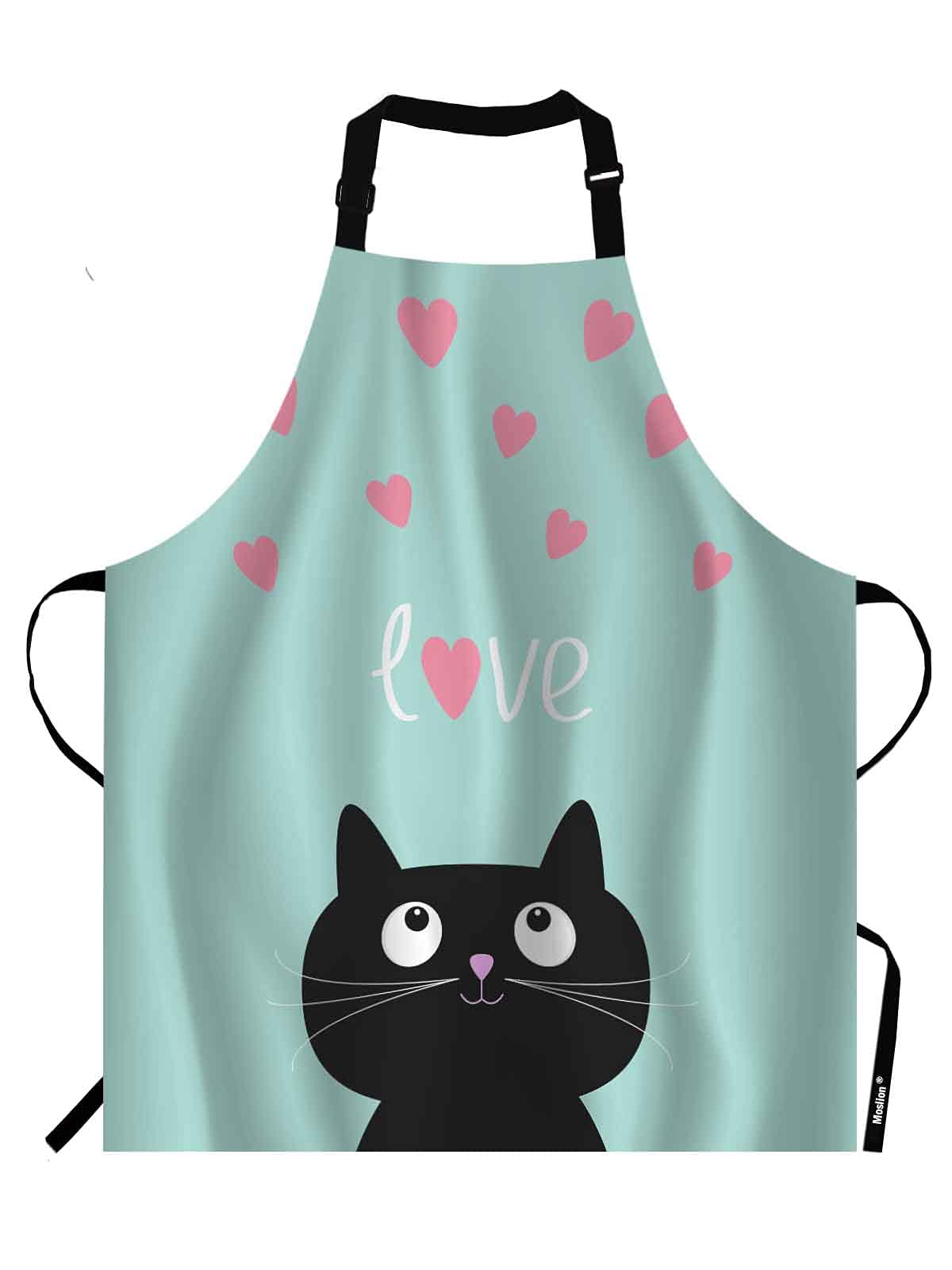 Moslion Black Cat Apron,Pink Hearts and Cute Cartoon Cat Blue Background Apron,Adjustable Neck Bib for Men Women,Suitable for Kitchen Cooking Waitress Chef