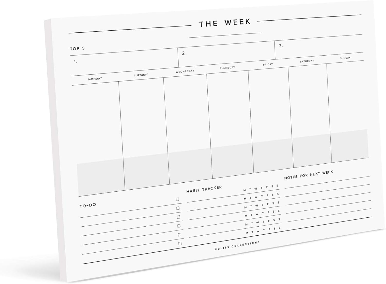 Bliss Collections Minimalist Weekly Planner Tear Off Pad, 50 Undated Sheets, Desk Notepad, Daily Calendar, Task Planner, to Do List, Habit Tracker, 210 x 297 mm