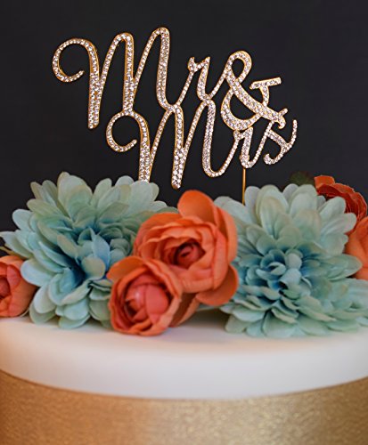 Mr and Mrs GOLD Cake Topper - Premium Crystal Rhinestones - Wedding Bridal Shower or Anniversary Cake Topper (Gold)