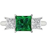Clara Pucci 2.5 cttw Emerald 14K White Gold Three-Stone Ring for Women - Cocktail Statement Fashion Jewelry Gift (6.5 mm, Princess Cut)