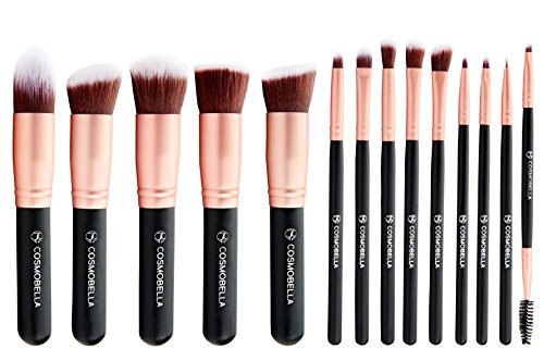 Cosmobella™ Premium Synthetic Kabuki Makeup Brush Set | Includes Foundation Brushes, Concealers, Eye Shadows, Eye Liner | Ultra Soft, Silky, Firm, Non-Shedding | Black & Rose Gold (14 Pcs)