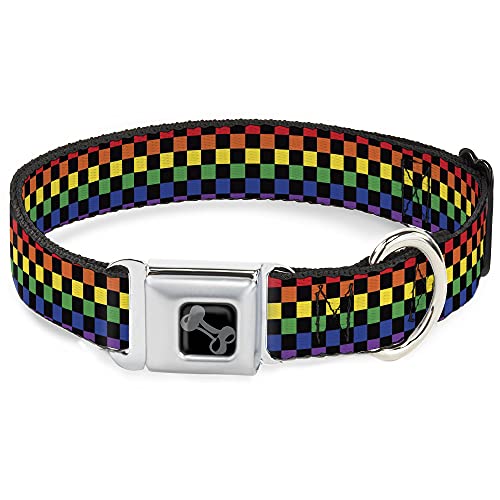 Dog Collar Seatbelt Buckle Checker Black Rainbow Multi Color 9 to 15 Inches 1.0…