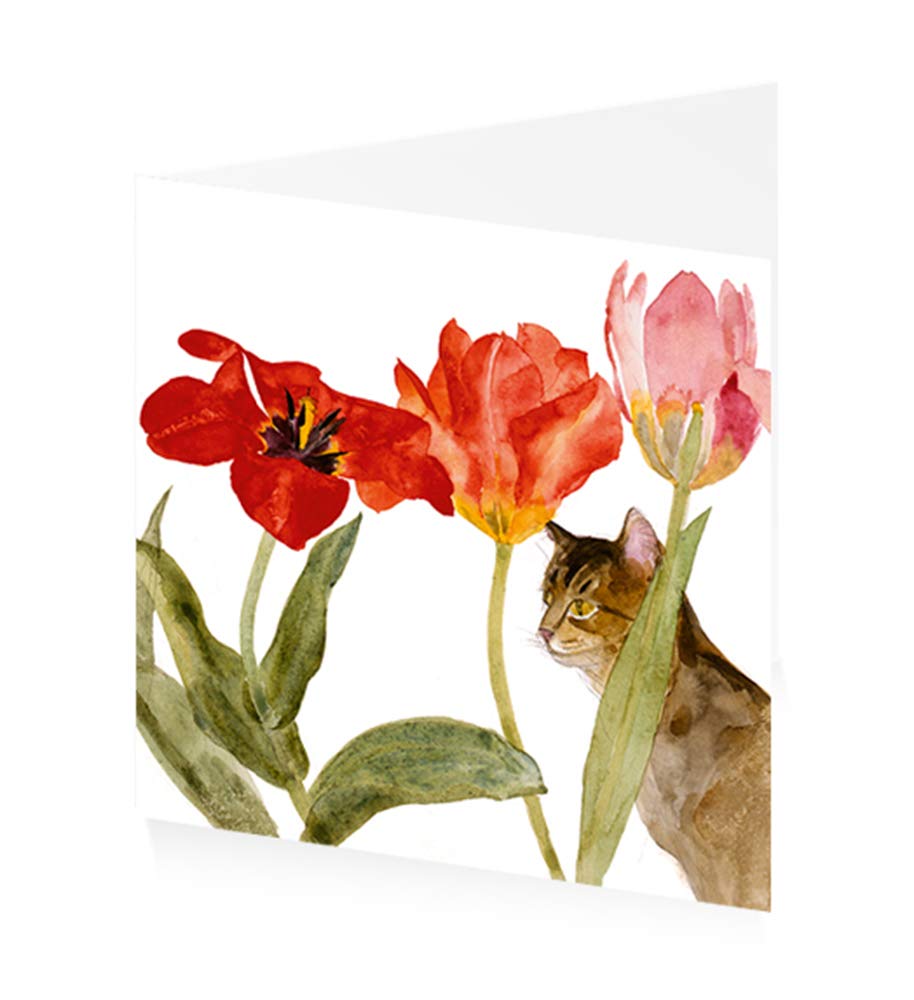 Royal Academy Elizabeth Blackadder Cat Amongst Tulips Floral Art Greeting Card (15 x 15 cm)