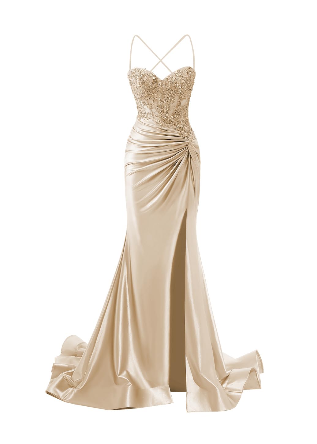 Photo 1 of (SIZE 12) Clothfun Spaghetti Strap Sweetheart Lace Applique Satin Long Prom Dresses Champagne Mermaid Formal Evening Gowns with Slit Champagne Size 12