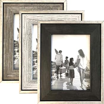 5x7 Rustic Frames (3-Pack) - Distressed Farmhouse Industrial Table Frame - Ready to Hang or Stand on Tabletop- Built-in Easel - Silver Galvanized Metal Look with Wood Insert