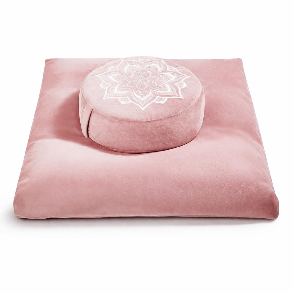 Photo 1 of hunnidspace Meditation Zafu Cushion Set with Buckwheat Hulls & Memory Foam - Ergonomic Support for Yoga & Sitting - Removable Machine-Washable Luxury Velvet Cover - for Adults and Kids (Pink)