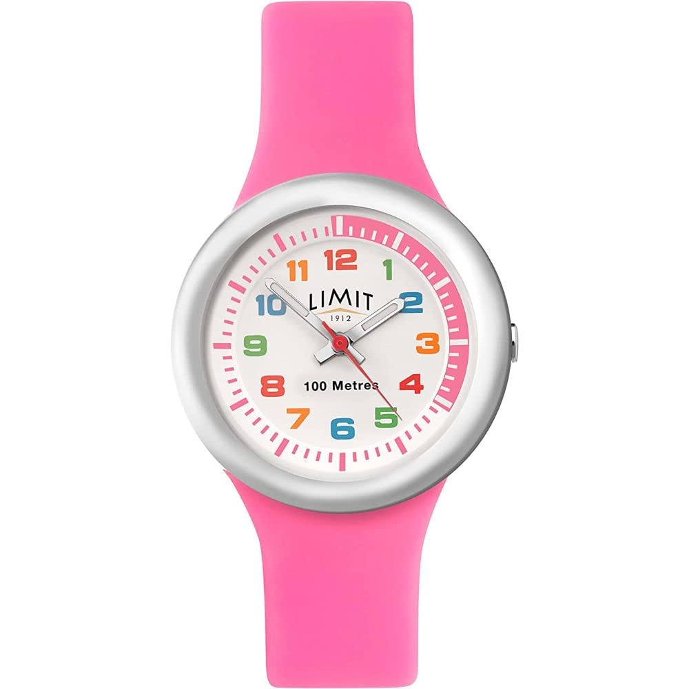Limit Girls Analogue Watch. 100M Water Resistant, Durable Strap. White Dial, Pink Silicone Strap