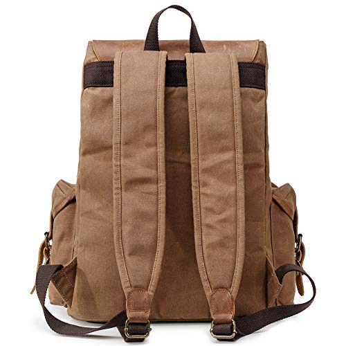 Kemy's Mens Waxed Canvas Backpack Leather Rucksack for Men Wax Leather Backpacks Travel Vintage Bookbag with Laptop Compartment Rustic Large Waterproof Brown Easter Gifts - Thumbnail 4