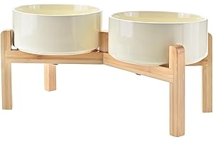 SPUNKYJUNKY Elevated Dog Bowls Ceramic, 7.3'' Dogs Food Water Bowls Raised with Non-Slip Bamboo Stand for Medium to Large Sized Breed Microwave Dishwasher Safe - 42 OZ,Beige