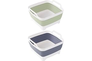 DETSUK 2 Pack Foldable Dish Tub-2 * 9L Dishpan for Washing Dish Tub-Foldable Wash Basin Bucket Portable Sink-Multiuse Collapsible Sink Tub Wash Dish Basin(Grey+Green)