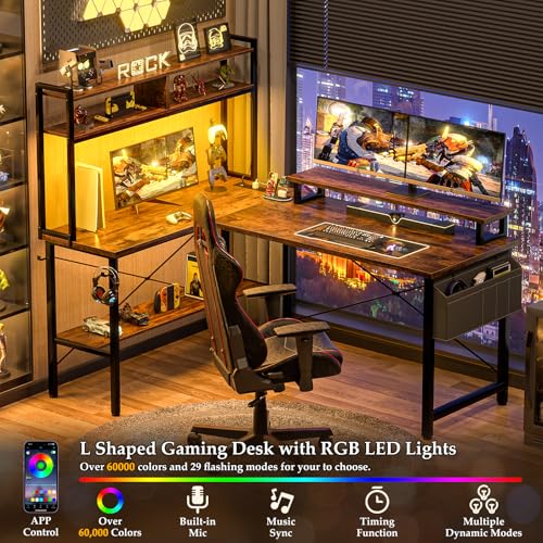 iSunirm L Shaped Gaming Desk with Power Outlets & LED Lights, Small L- Shaped Computer Corner Desk with Monitor Stand & Storage Shelf, Gaming Table with Storage Bag, Brown