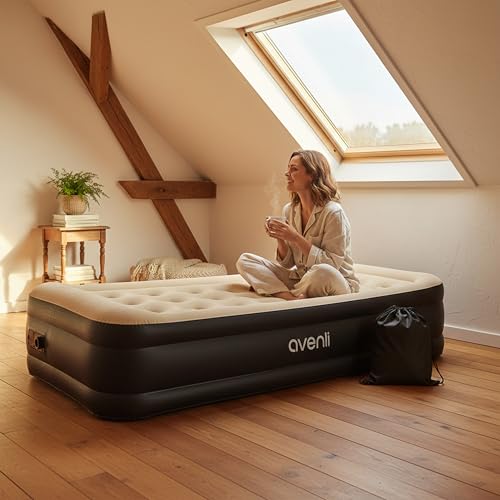 AVENLI Matelas Gonflable 1 Place 196x97x47 cm, Lit Gonflable Autogonflant 1 Personne avec Pompe Électrique Intégrée, Matelas pour Camping & Lit d'Appoint, Coil-Beam, Beige