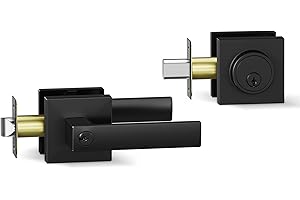 BAOLONG Modern Square Entry Door Locksets Front Door Handle with Single Cylinder Deadbolts, Combo Pack Matte Black.