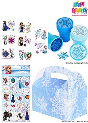 Birthday Party Favor Set for 12 - 12 Sheets of Frozen Stickers (222 stickers), 16 Frozen Tattoos, 24 Snowflake Stamps, 12 Snowflake Favor Boxes, 1 Heydays Happy Birthday Tattoo