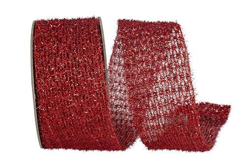 Ribbon - Flex Net Stretch Glitter Metallic Wired Edge, Red, 2-1/2 Inch, 10 Yards