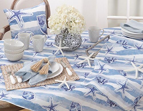 Occasion Gallery Aqua Seaside Watercolor Sea Shells and Starfish Table Topper / Tablecloth 56" Square, 100% polyester