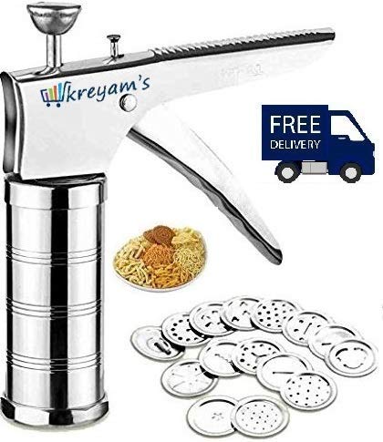 Kreyams Stainless Steel Kitchen Press Grater Cookies/Indian Snakes/Murukku Maker/Farsan Sev Maker with Different Types of Stainless Steel Jaalis