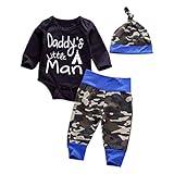 Newborn Daddy's Little Man Print Baby Boys Girls Romper +Camo Cotton Long Pants +Hat Outfit (0-6Months, Black)