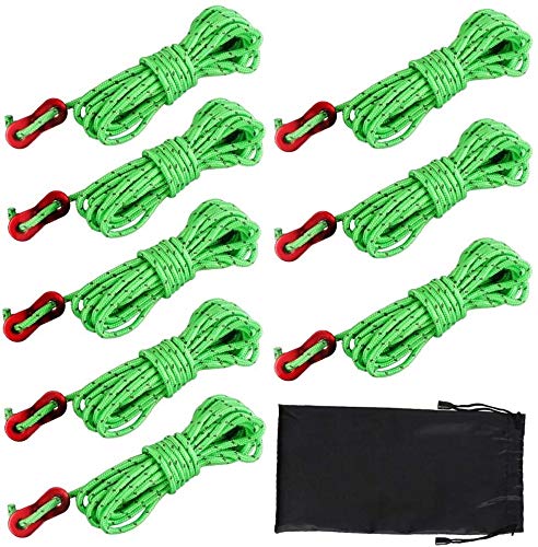 Dadabig 8 Pack 4mm Reflective Tent Guy Line, Light-Weight Tent Guide Lines Cord Guy Ropes with Aluminum Tensioners Adjuster for Outdoor Camping Hiking Awning Tents, 13 feet, Green